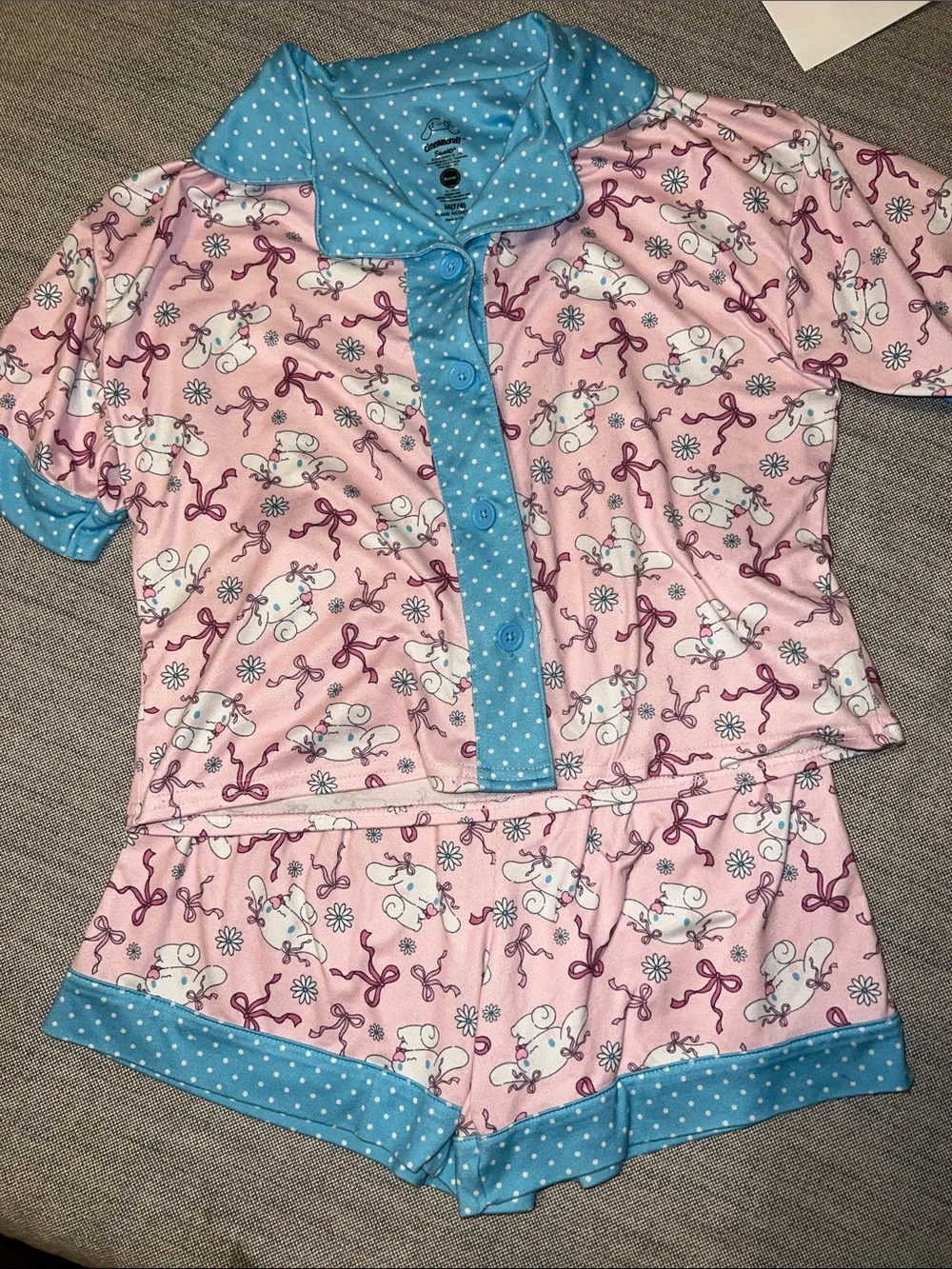 Girls Pink and Blue Short Pajama Set - Cute Bow Animal Print cinnamon roll M 7/8